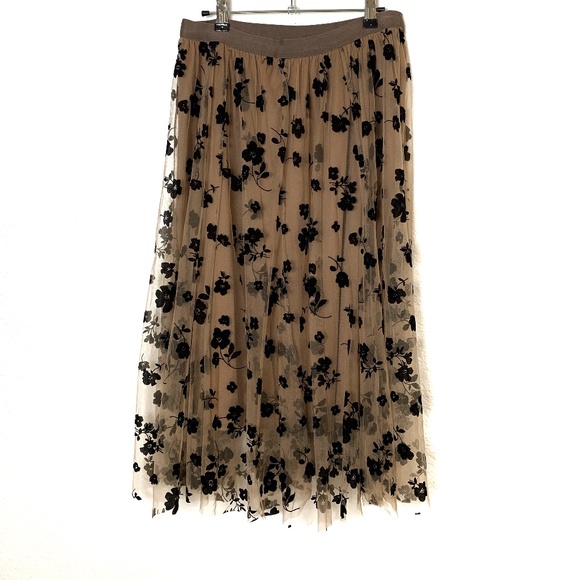 Burnout Velvet Layered Mesh Midi Skirt M Caramel Brown Black Floral Fairy Core - Picture 2 of 12
